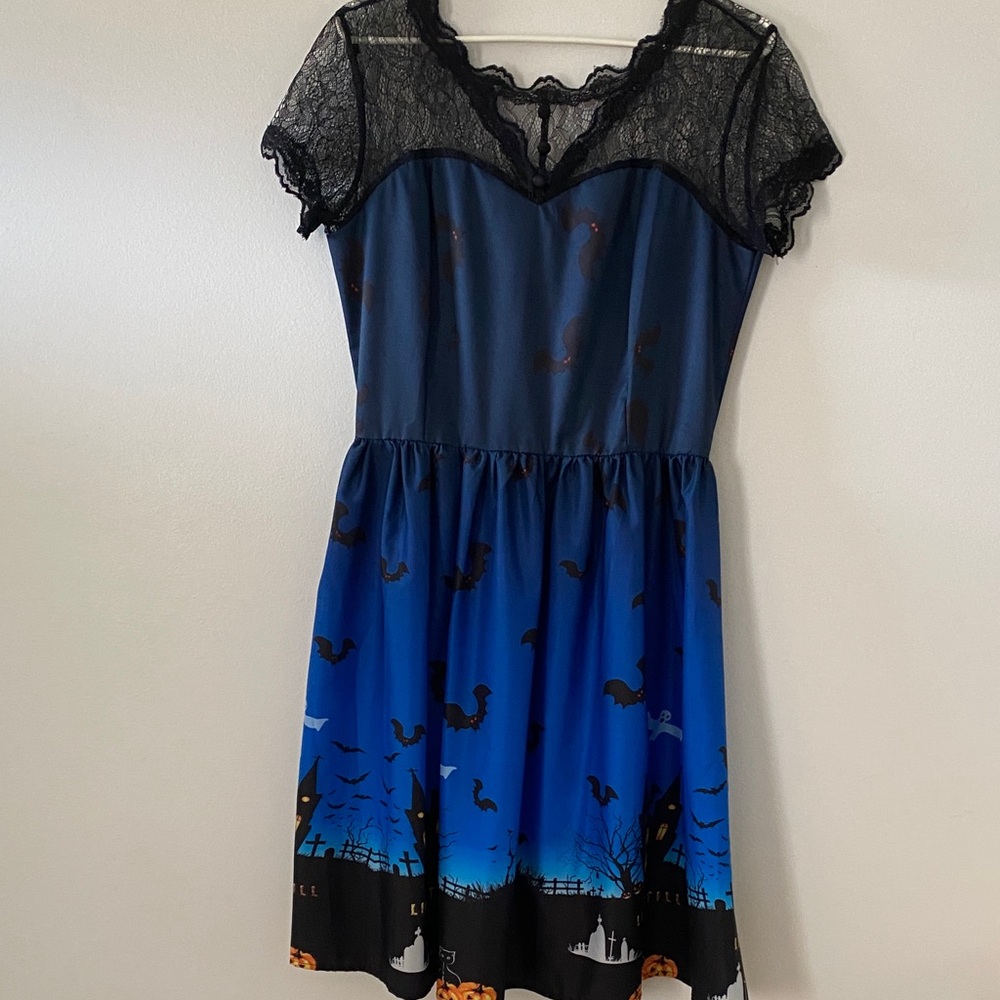 Blue Ombre Lace-Yoke Midi Dress with Halloween Motif